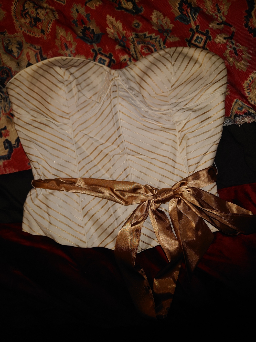 Cotton Express White and Gold Strapless Corset Camisole with Satin Bow